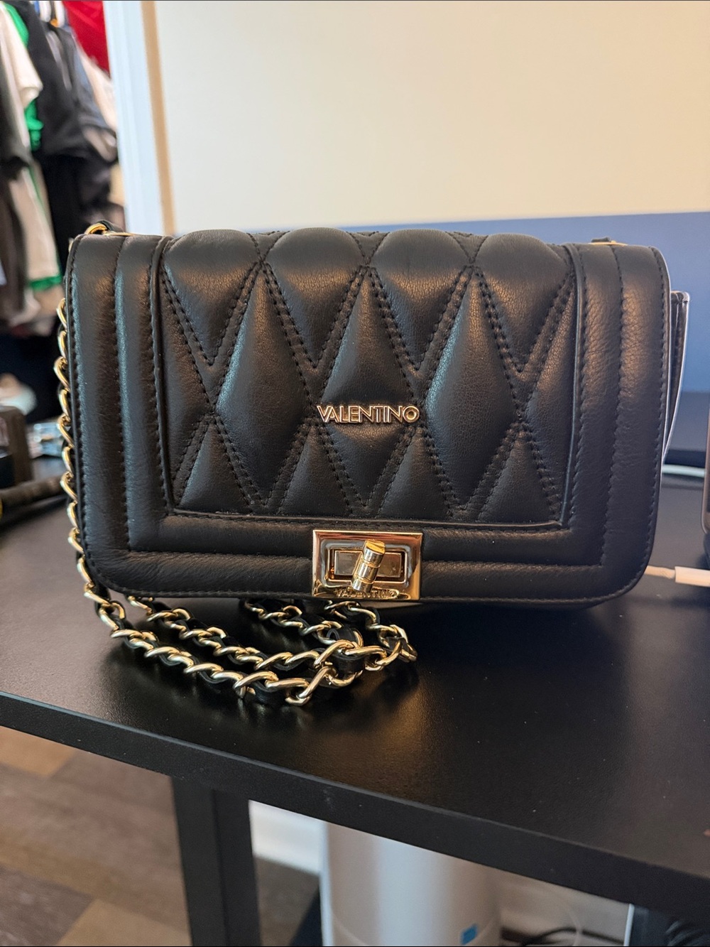 Valentino Black Quilted Leather Crossbody with Gold Chain
